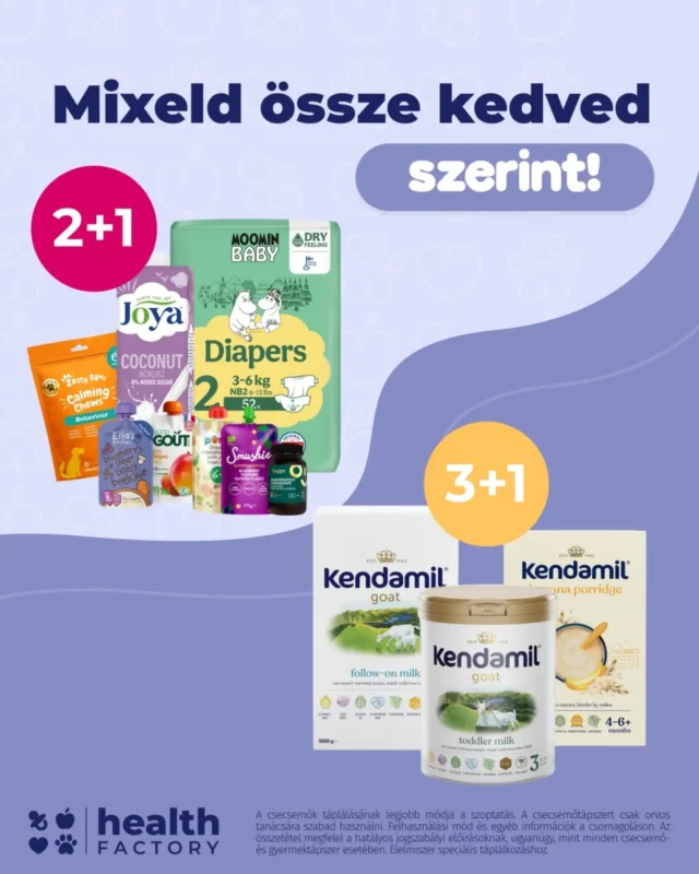 3+1 AJÁNDÉK Kendamil termékekre? Naná! 🥳🛍️

Most érdemes feltölteni a készleteket! 🍼 A @healthfactory_hu webshopunkban ugyanis most 3+1 AJÁNDÉK akcióval várunk a kiválasztott Kendamil tápszerekre és babakásákra! ✨

Csak válassz 4, az akcióban részt vevő terméket, és a legolcsóbbat AJÁNDÉKBA kapod! 💜

És ez még nem minden! Webshopunkban a 2+1 AJÁNDÉK akciót is kihasználhatod más márkák kiválasztott termékeire, amelyeket az ajánlat keretében szabadon kombinálhatsz.

📅 Az akció 2026. október 12-től 25-ig, illetve a készlet erejéig érvényes.

Irány a vásárlás! 🛒

‼️ A 3+1 AJÁNDÉK akció kizárólag a kiválasztott Kendamil termékekre érvényes, és nem vonható össze a 2+1 AJÁNDÉK akcióval. A legolcsóbb termék ára automatikusan levonásra kerül a kosárban. Az akció nem vonatkozik az anyatej-helyettesítő tápszerekre.